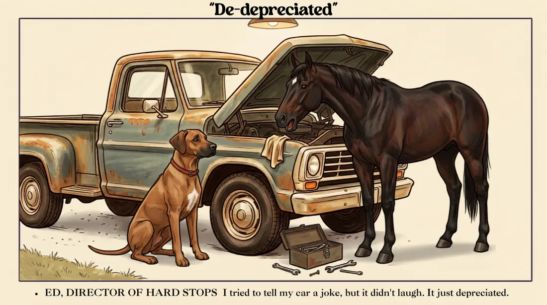 De-depreciated — Ed, Director of Fast Starts & Hard Stops: I tried to tell my car a joke, but it didn&rsquo;t laugh. It just depreciated. R.E.Q.M. tax preparation, Tucson