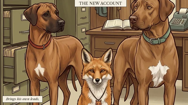 The New Account — Kajin, Director of New Business, arriving at the office with his briefcase while Ronin and Mac size him up
