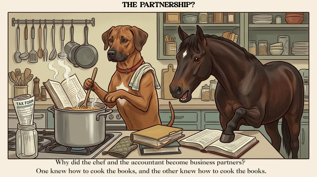 The Partnership? — Why did the chef and the accountant become business partners? One knew how to cook the books, and the other knew how to cook the books. R.E.Q.M. restaurant bookkeeping, Tucson